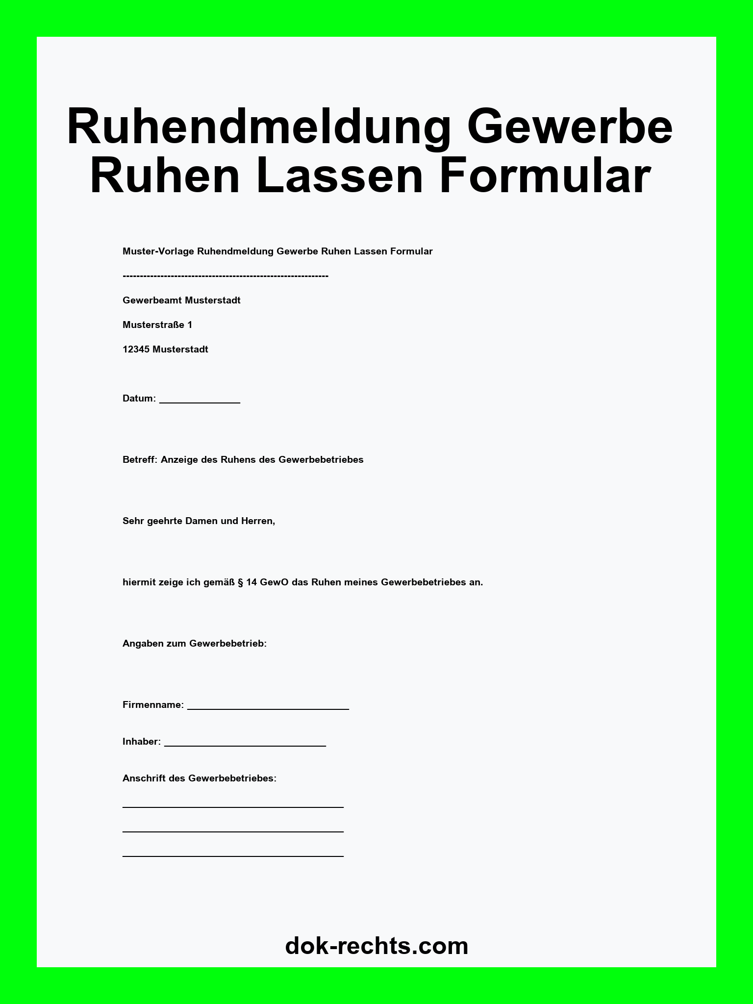 Ruhendmeldung Gewerbe Ruhen Lassen Formular PDF